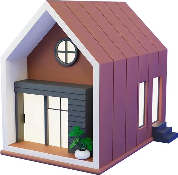 Pieni talo, jossa on ikkuna ja ovi, sijaitsee rauhallisessa ympäristössä.