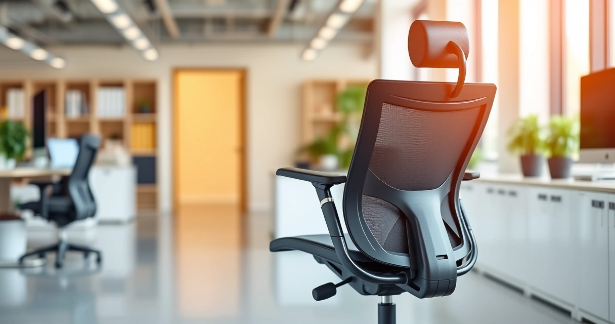 Moderni ergonominen työtuoli kirkkaassa toimistossa