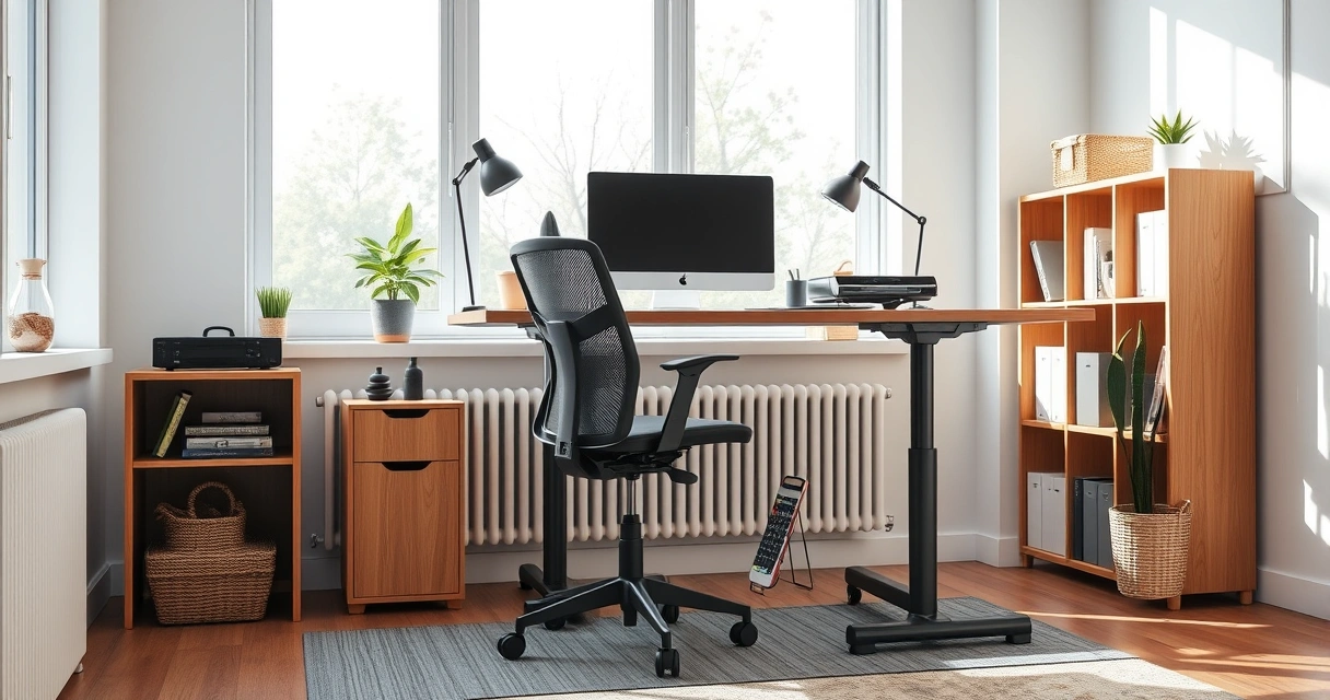Moderni kotitoimisto säädettävällä työpöydällä ja ergonomisella tuolilla