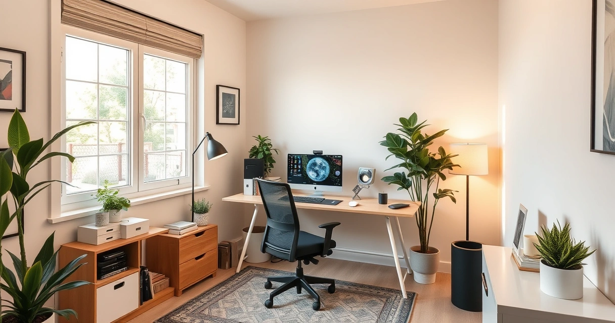 Ergonominen kotitoimisto luonnonvalolla ja lämpimällä LED-valaistuksella