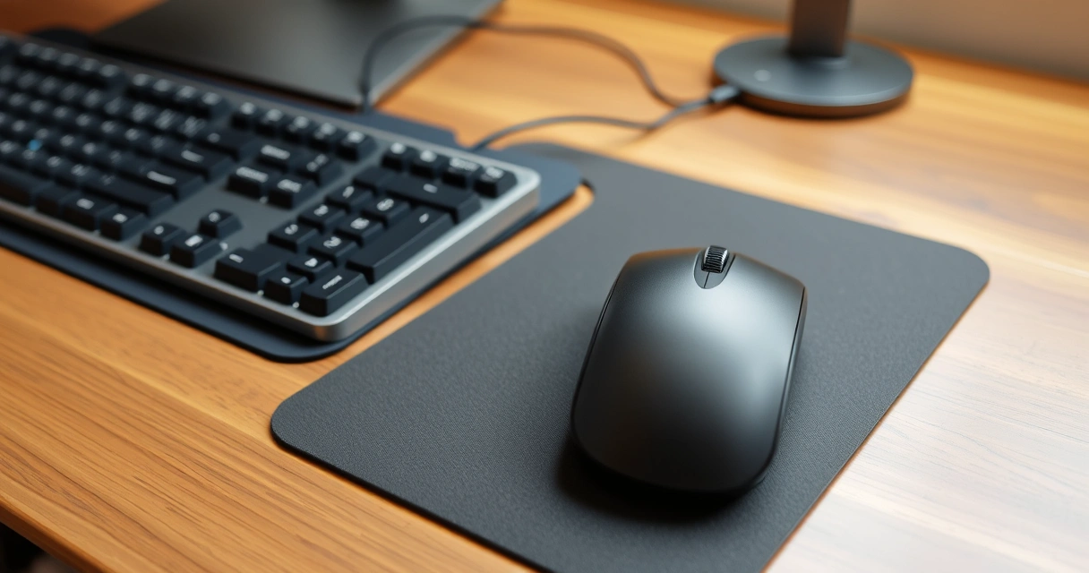 Ergonominen näppäimistö ja hiiri rannetukien kanssa työpöydällä