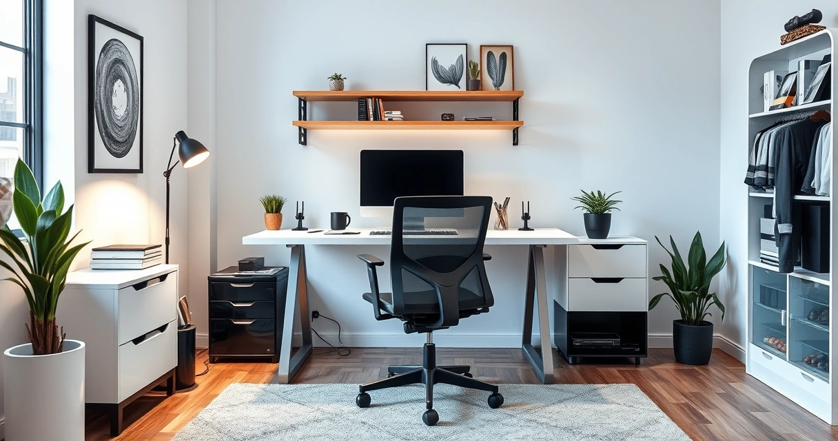 Ergonominen työhuone modernilla kalustuksella