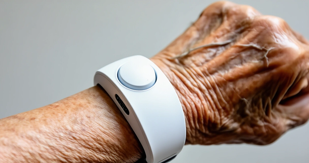 Seniortek-turvajärjestelmän rannekehälytin iäkkään henkilön ranteessa