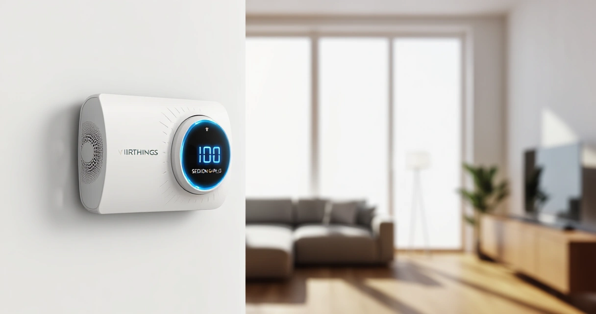 Airthings Wave Plus radonmittari seinällä modernissa olohuoneessa