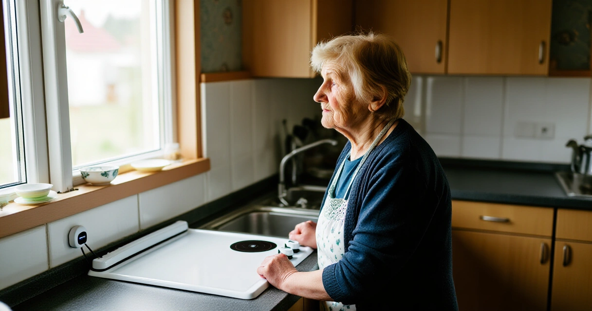 Ikääntynyt nainen keittiössä liesivahdin kanssa turvallisesti