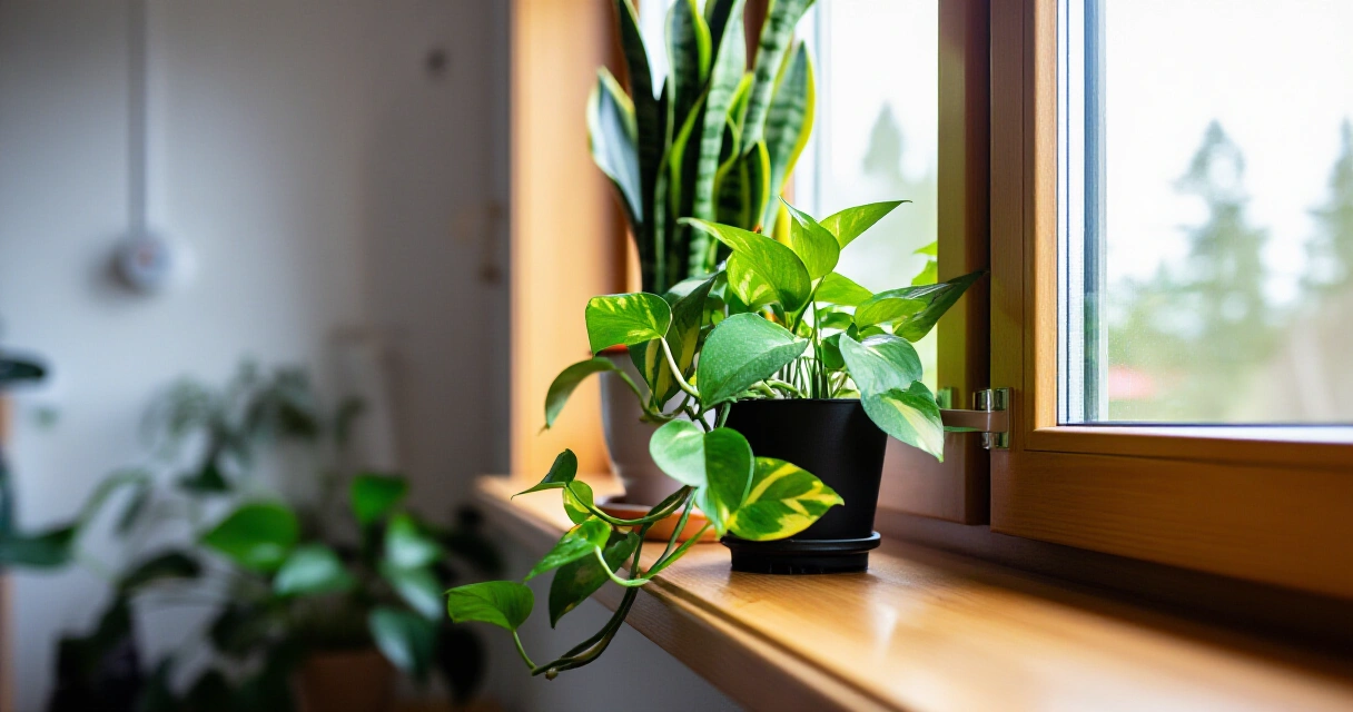 Pothos ja tilansiidokki ikkunalaudalla parantamassa sisäilman kosteutta