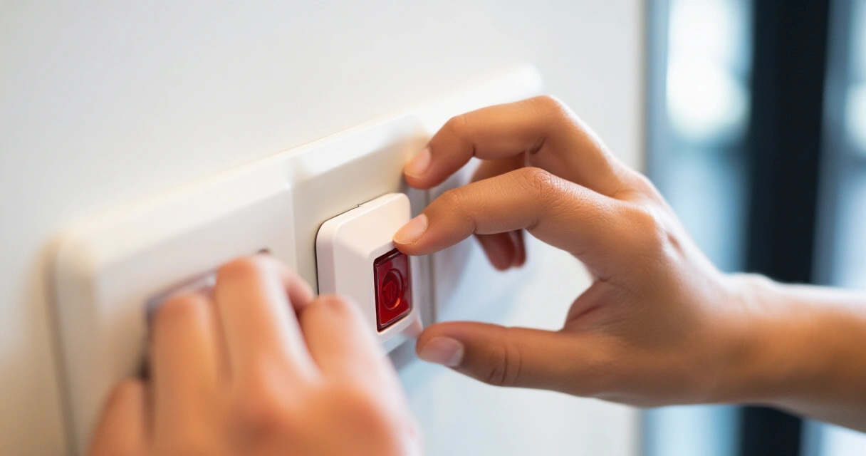 Käsi painamassa turvapuhelimen hälytysnappia ranteessa