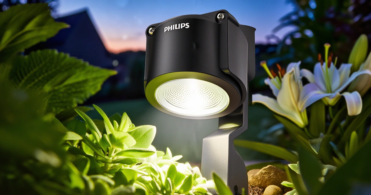Philips Hue Lily ulkospottivalo asennettuna puutarhaan hämärässä