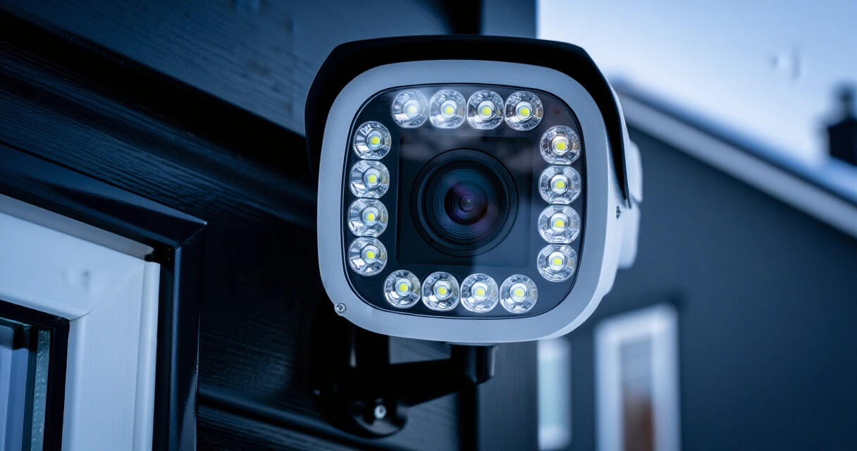 Ring Floodlight Camin kamera ja LED-valonheittimet lähikuvassa talvipihalla