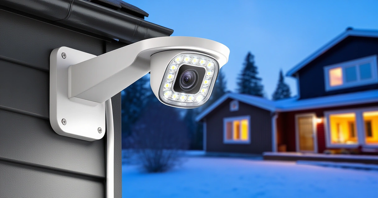 Ring Floodlight Cam asennettuna talon ulkoseinälle hämärässä suomalaisessa pihassa