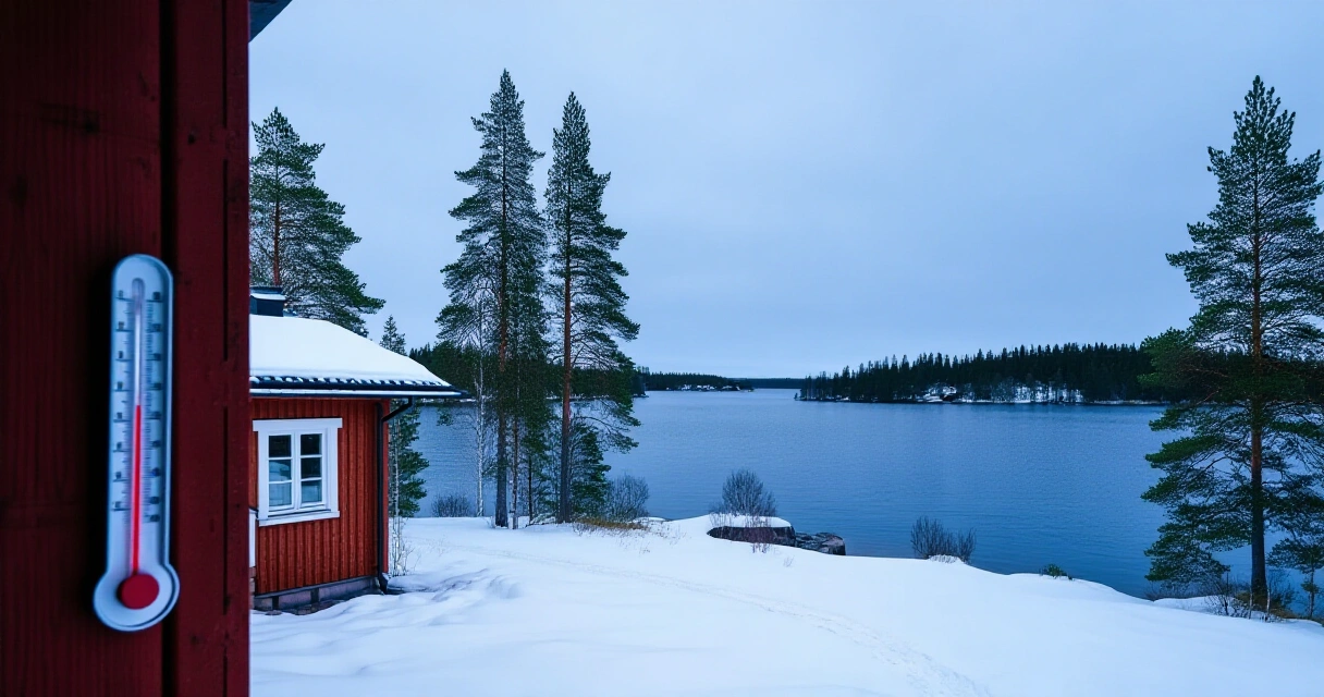 Talvinen suomalainen kesämökki lumen peitossa, pakkasvaarassa
