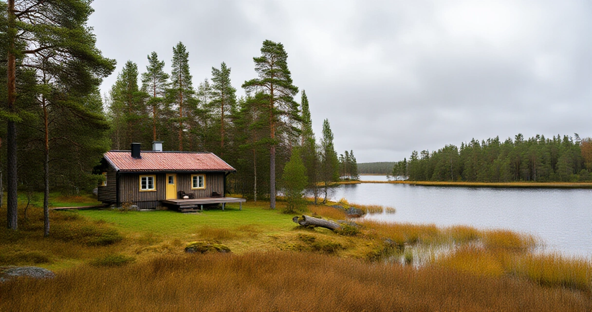 Suomalainen kesämökki järven rannalla syksyllä ilman kiinteää verkkoyhteyttä
