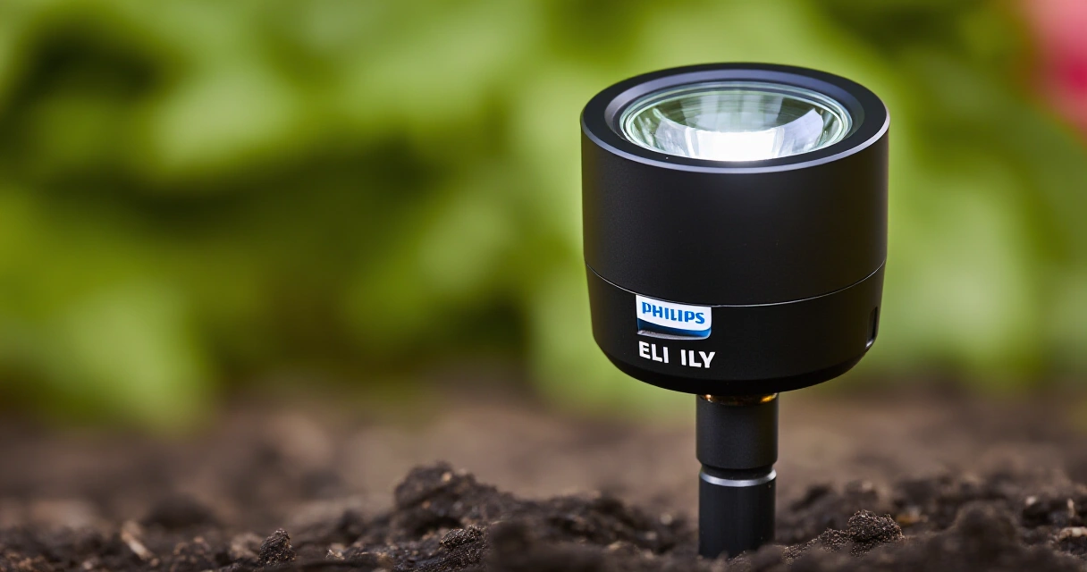 Philips Hue Lily maapiikki asennettuna puutarhamaahan lähikuvassa