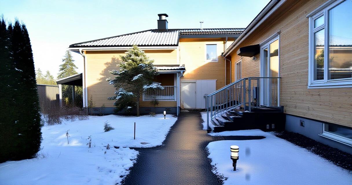 Turvallinen suomalainen piha-alue talvella, puhdistetut kulkureitit ja kaiteet