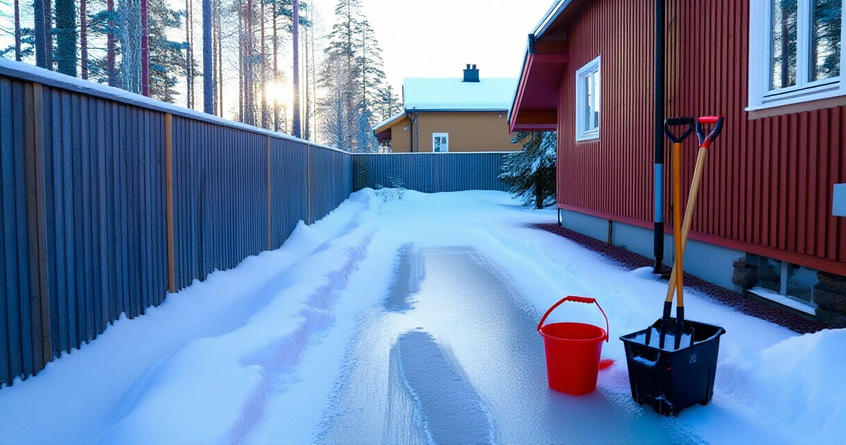 Jäinen piha-alue Suomessa talvella, hiekoitusämpäri ja lumikola vieressä