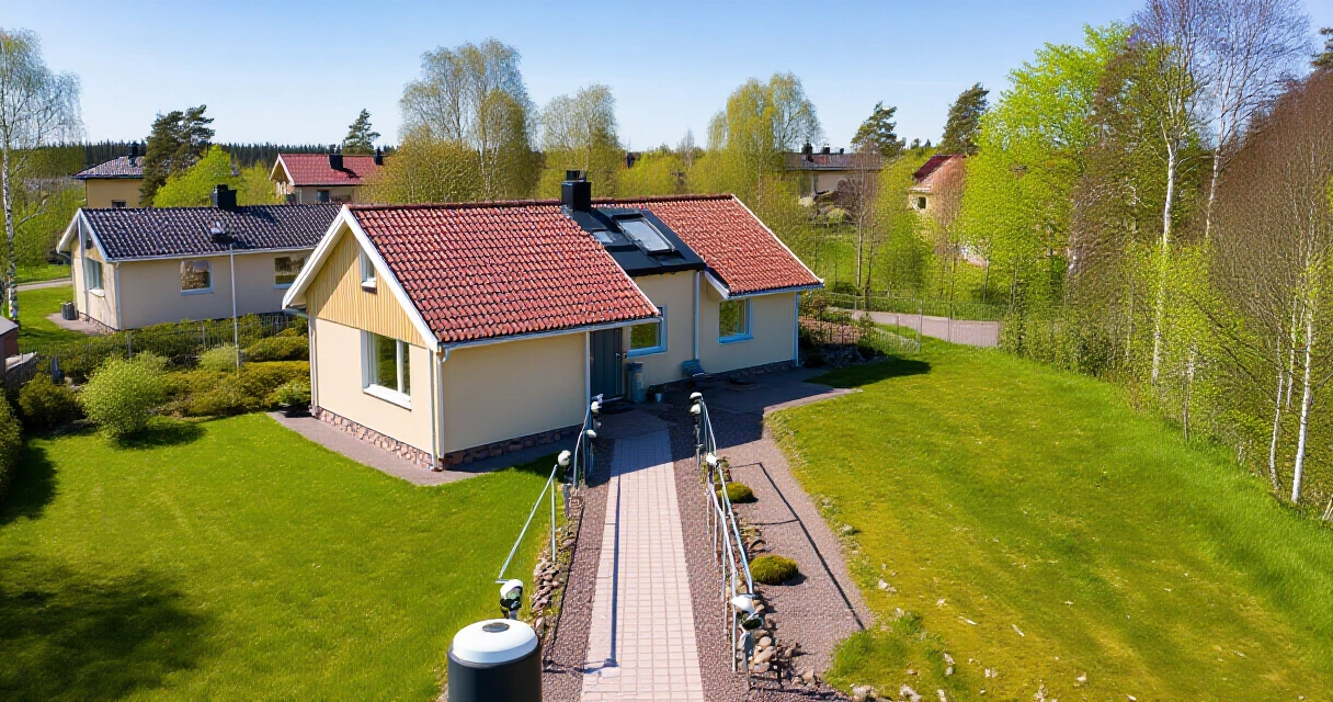 Suomalainen piha-alue ylhäältä kuvattuna, turvalliset kulkureitit ja valaistus