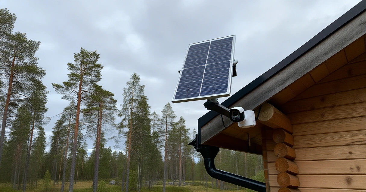 Aurinkopaneelikäyttöinen langaton turvakamera mökin nurkalla männikössä
