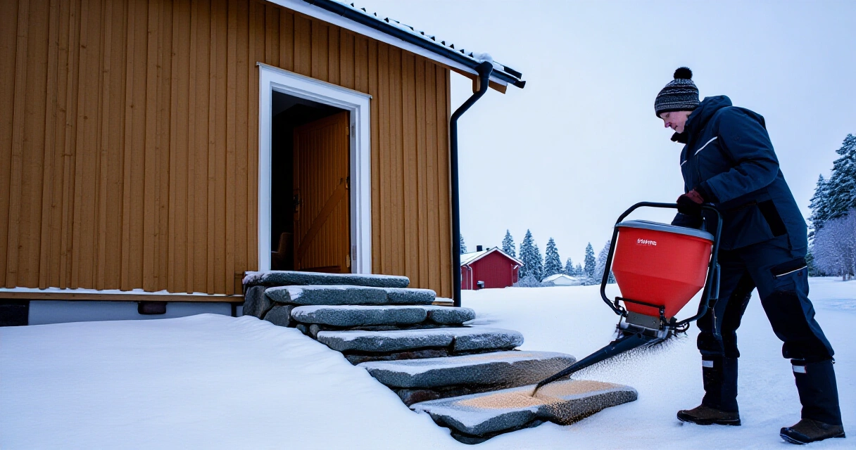 Henkilö levittää hiekoitushiekkaa jäisille portaille talvella käsihiekoittimella