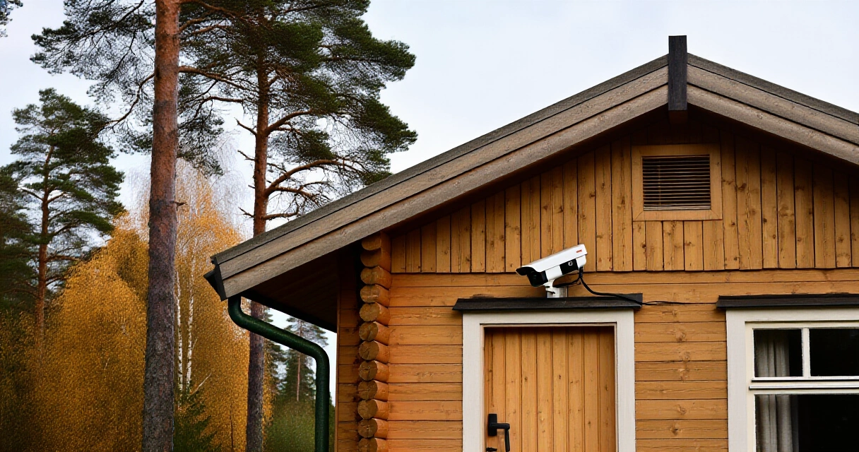 Valvontakamera mökin ulko-oven yläpuolella syksyisessä metsässä