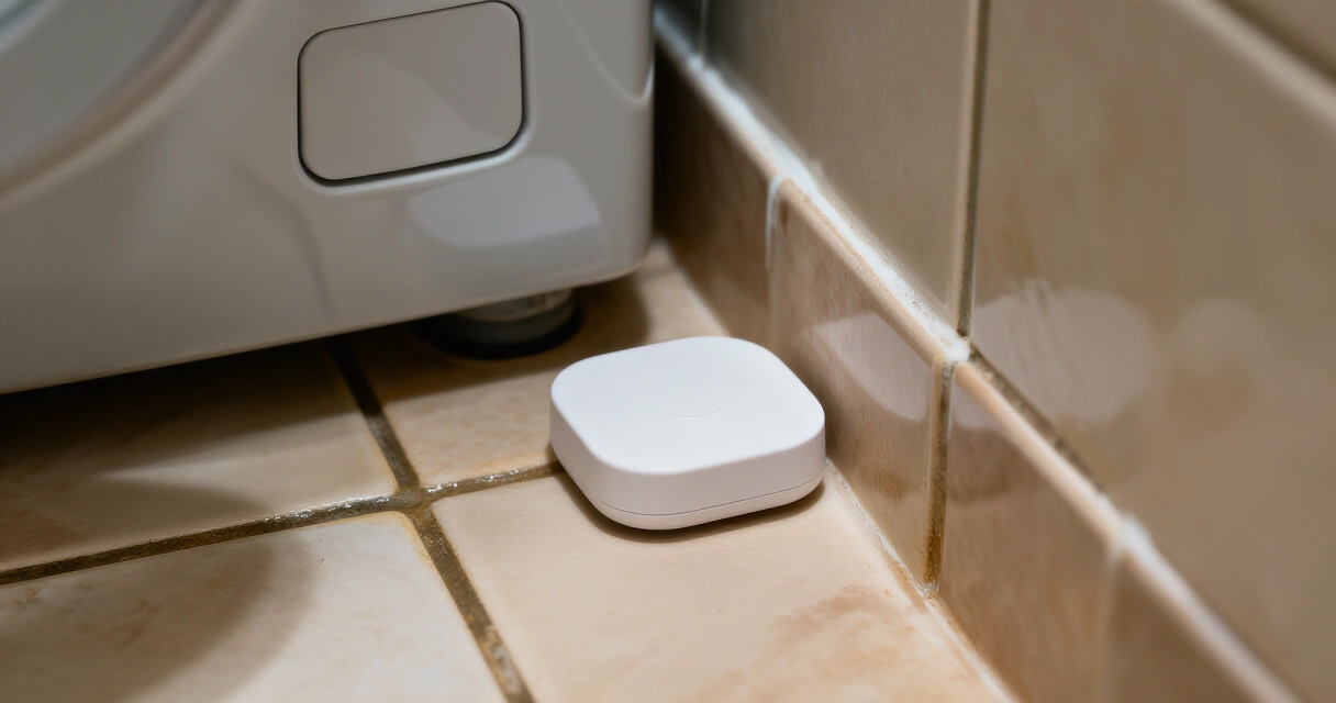 Aqara Water Leak Sensor kylpyhuoneen lattialla pesukoneen vierellä