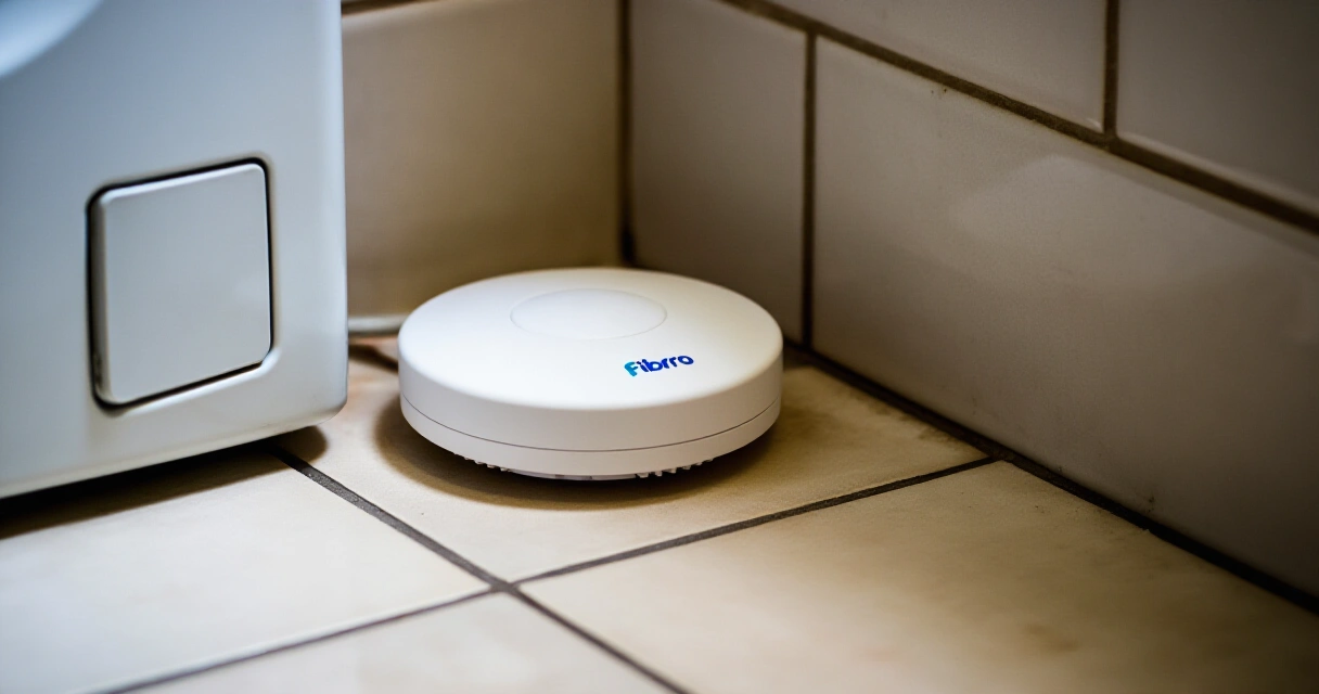 Fibaro Flood Sensor -vesivuotoanturi kylpyhuoneen lattialla pesukoneen vieressä
