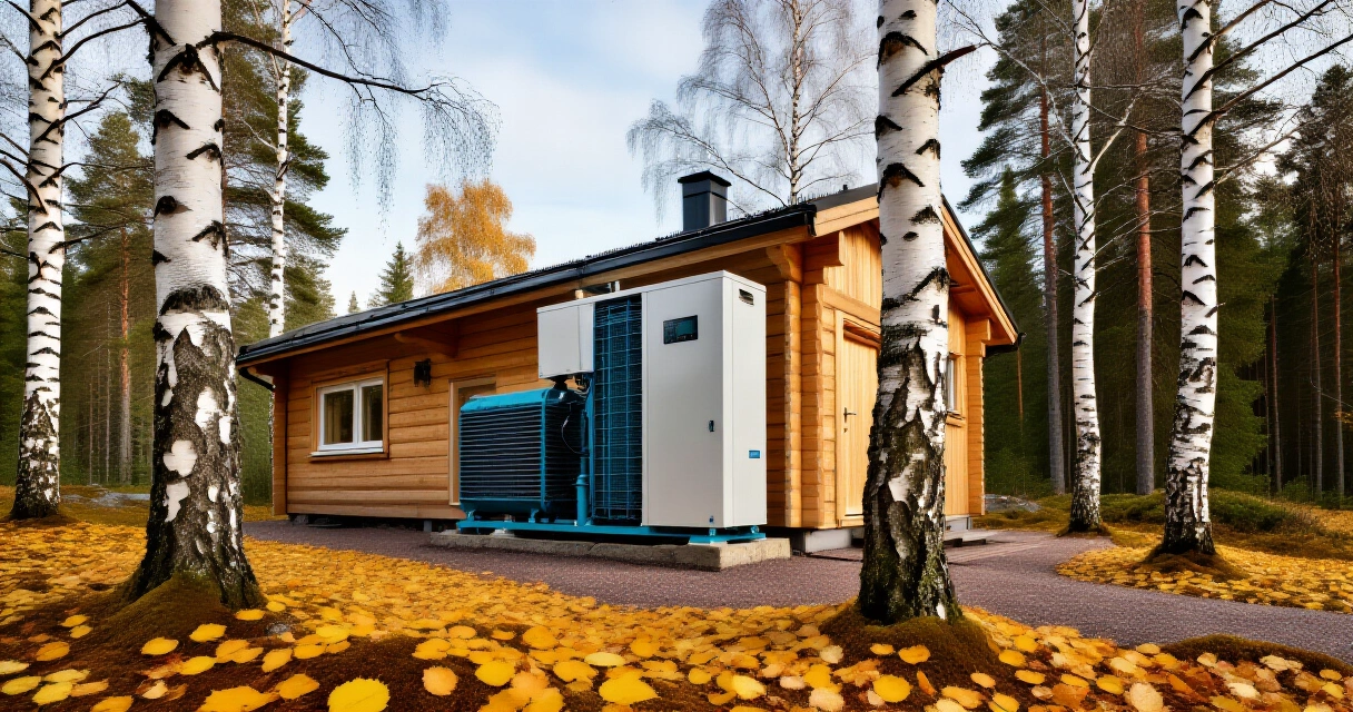 Lämpöpumppu asennettuna suomalaisen mökin ulkoseinälle syksyllä