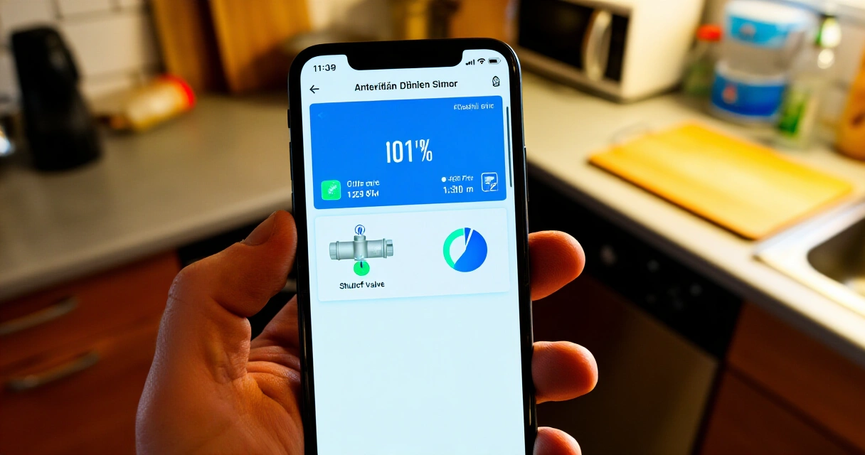 Mobiilisovellus näyttää vedenkatkaisujärjestelmän tilan kodin keittiössä