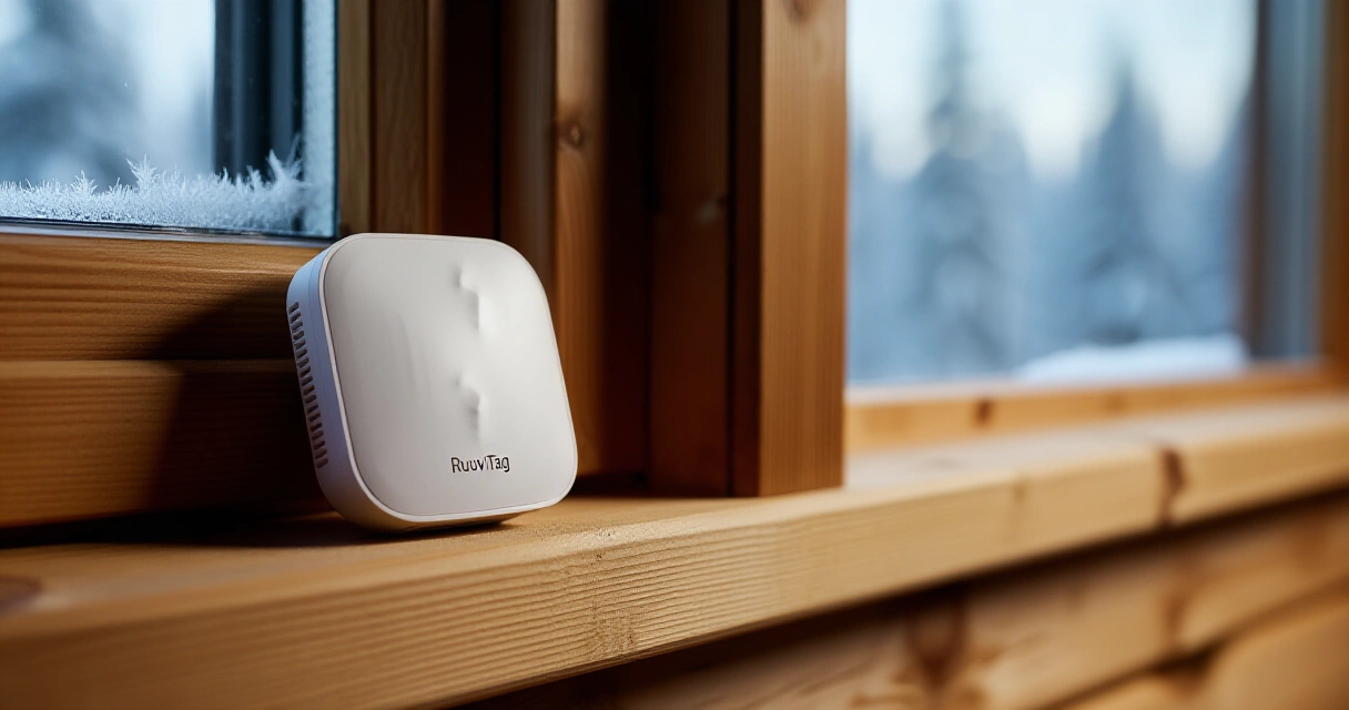 RuuviTag Bluetooth-anturi mökin ikkunalaudalla talvella pakkasessa