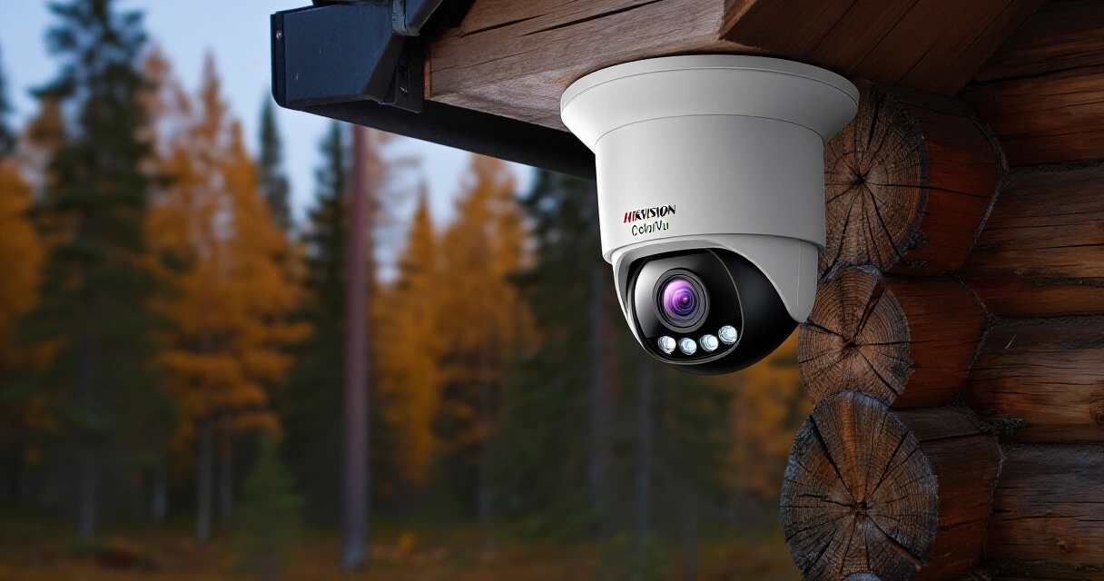 Hikvision ColorVu -kamera asennettuna hirsimökin seinään syksyisessä suomalaisessa metsässä