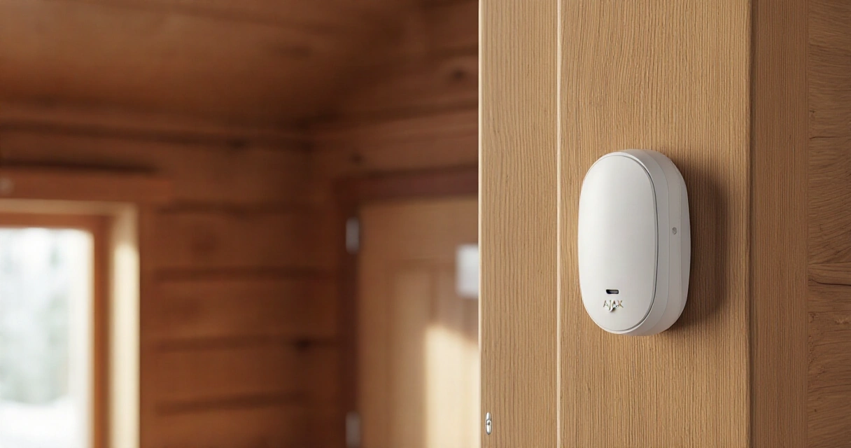 Ajax Systems DoorProtect -ovianturi kiinnitetty mökin ovenkarmiin