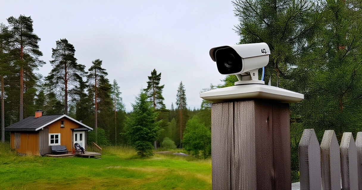 Reolink Go PT -kamera asennettuna mökkilaiturin tolppaan männikön reunassa
