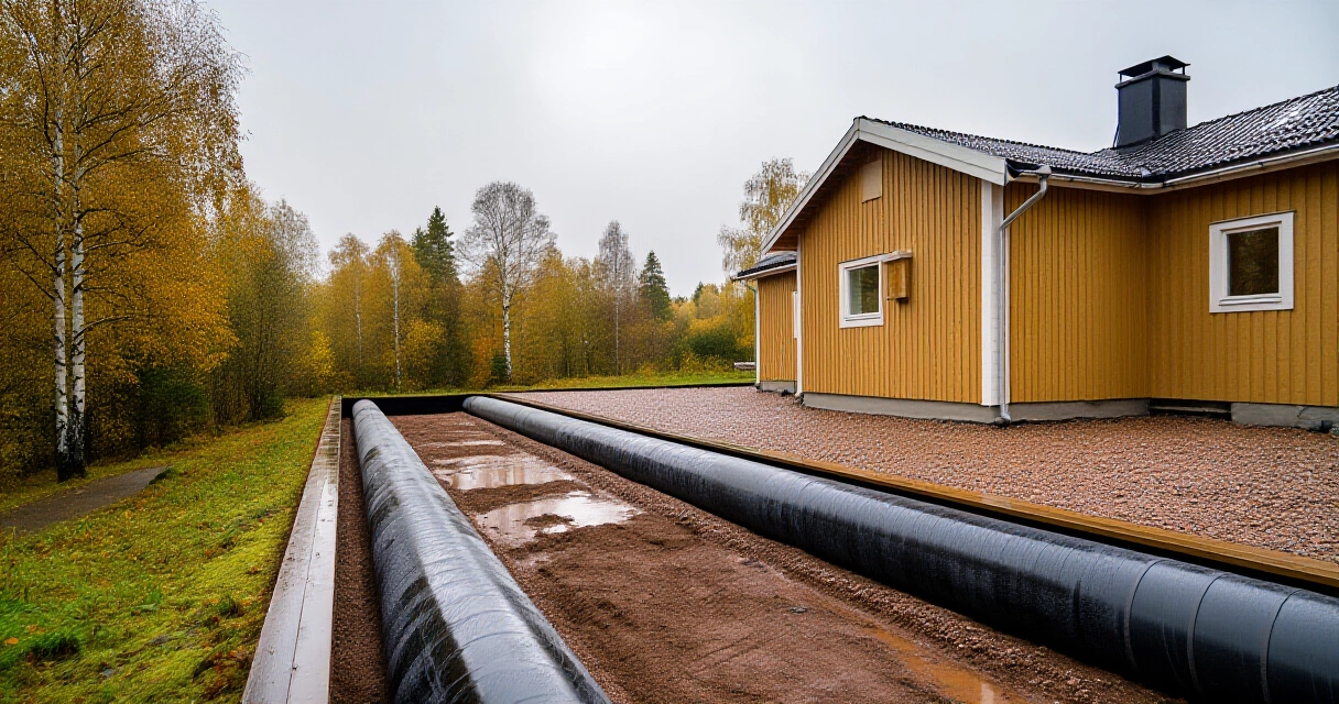 Omakotitalon salaojajärjestelmä ja sorapatja syksyisessä maaperässä