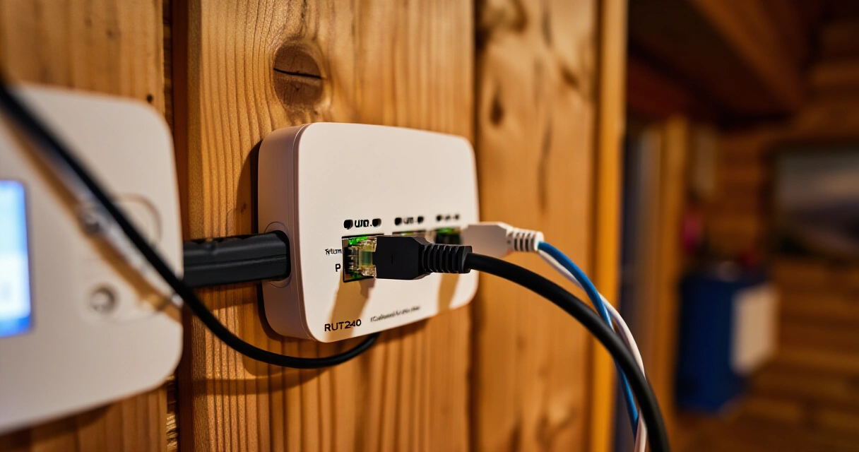 Teltonika RUT240 asennettuna mökin seinälle Ethernet-kaapeloineen